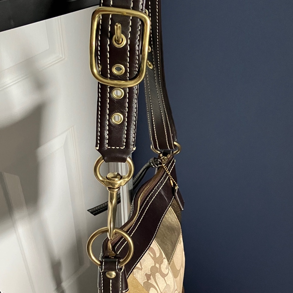 Coach Vintage F10387 Patchwork Signature Suede Leather Shoulder Handbag Gold - Picture 4 of 16